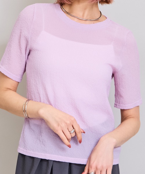 LHELBIE(レルビエ)の「シアーサッカートップス(Tシャツ/カットソー・レディース・イエロー/オフホワイト/ブラック/ピンク・M)」の1枚目の写真