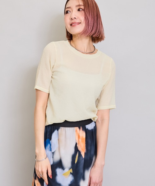 LHELBIE(レルビエ)の「シアーサッカートップス(Tシャツ/カットソー・レディース・イエロー/オフホワイト/ブラック/ピンク・M)」の7枚目の写真