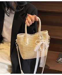ラフィア編み × ブラックレザー 2WAY ミニカゴトートバッグ(飾り無し)