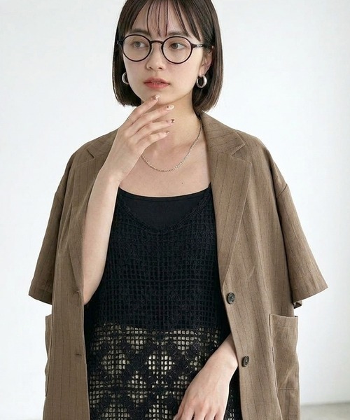 CRB(シーアールビー)の「ストライプ半袖シャツジャケット(テーラードジャケット・レディース・チャコール/サックスブルー/オフホワイト/モカ・F)」の5枚目の写真