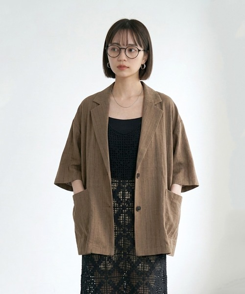 CRB(シーアールビー)の「ストライプ半袖シャツジャケット(テーラードジャケット・レディース・チャコール/サックスブルー/オフホワイト/モカ・F)」の6枚目の写真