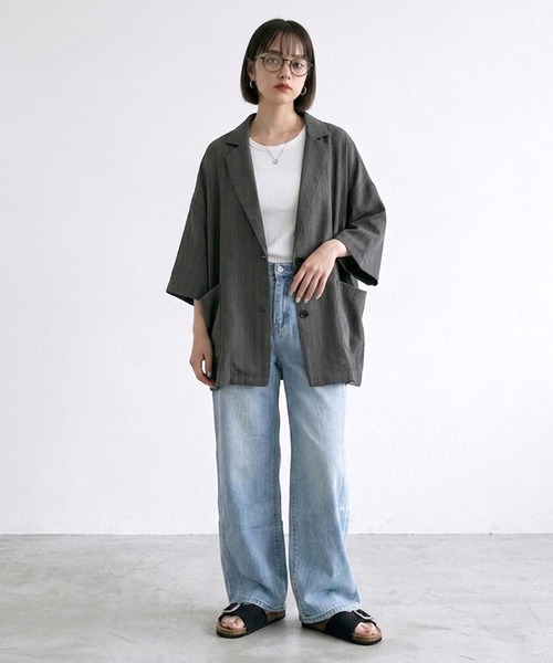 CRB(シーアールビー)の「ストライプ半袖シャツジャケット(テーラードジャケット・レディース・チャコール/サックスブルー/オフホワイト/モカ・F)」の8枚目の写真