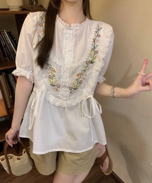 セール】刺繍パフスリーブシャツ（シャツ/ブラウス）｜Aelina（エリナ
