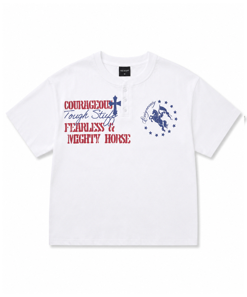 EASY NO EASY(イージーノーイージー)の「ホースレタリングヘンリーネッククロップTシャツ - ホワイト(Tシャツ/カットソー・レディース・その他・1/2)」の6枚目の写真