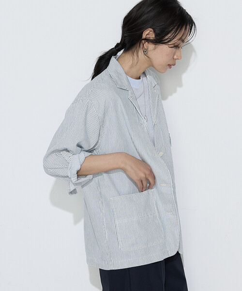 COMME CA Wardrobe(コムサワードローブ)の「〔 +サイズ 〕 ヒッコリー カバーオール(その他アウター・レディース・ホワイト/インディゴブルー・13号)」の4枚目の写真
