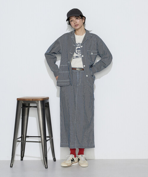 COMME CA Wardrobe(コムサワードローブ)の「〔 +サイズ 〕 ヒッコリー カバーオール(その他アウター・レディース・ホワイト/インディゴブルー・13号)」の6枚目の写真