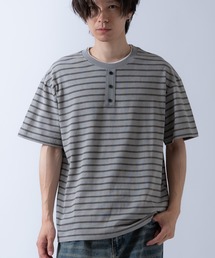 フェイクレイヤード ヘンリーネックデザイン ボーダー 半袖Tシャツ