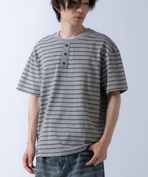 improves(インプローブス)の「フェイクレイヤード ヘンリーネックデザイン ボーダー 半袖Tシャツ(Tシャツ/カットソー・メンズ・ブラック/グレー/ベージュ・LARGE/MEDIUM)」の16枚目の写真