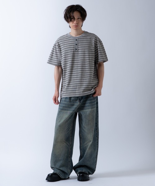 improves(インプローブス)の「フェイクレイヤード ヘンリーネックデザイン ボーダー 半袖Tシャツ(Tシャツ/カットソー・メンズ・ブラック/グレー/ベージュ・LARGE/MEDIUM)」の7枚目の写真