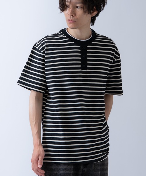 improves(インプローブス)の「フェイクレイヤード ヘンリーネックデザイン ボーダー 半袖Tシャツ(Tシャツ/カットソー・メンズ・ブラック/グレー/ベージュ・LARGE/MEDIUM)」の12枚目の写真