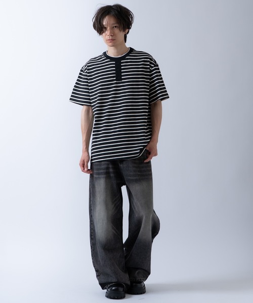improves(インプローブス)の「フェイクレイヤード ヘンリーネックデザイン ボーダー 半袖Tシャツ(Tシャツ/カットソー・メンズ・ブラック/グレー/ベージュ・LARGE/MEDIUM)」の15枚目の写真