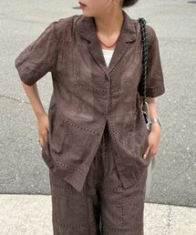 【セットアップ着用可】パッチワーク刺繍半袖シアーシャツ