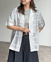 【セットアップ着用可】パッチワーク刺繍半袖シアーシャツ