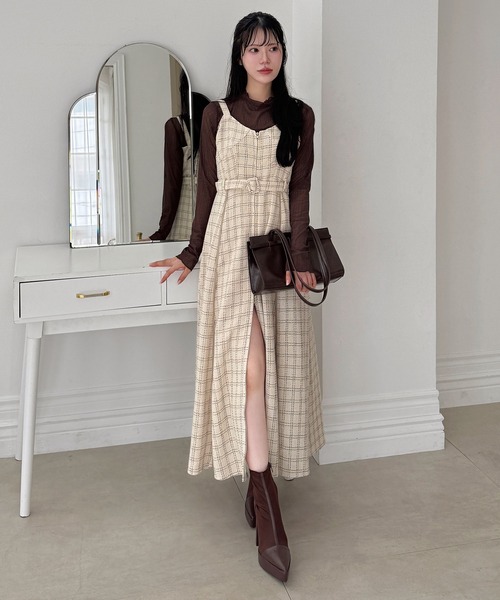ROYAL PARTY(ロイヤルパーティー)の「チェックツイードダブルZIPロングフレアワンピース(ワンピース・レディース・ブラック/ベージュ/オフホワイト・FREE)」の1枚目の写真