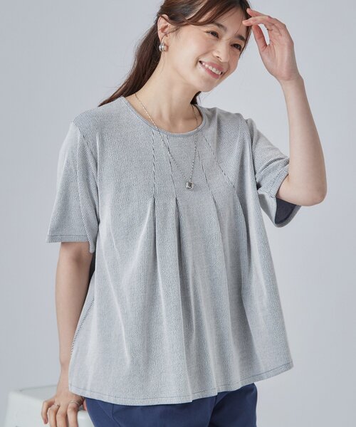 SHOO・LA・RUE（シューラルー）の「【洗濯機可/S-LL】インせずすっきり見え ストライプ柄タックトップス（Tシャツ/カットソー・レディース・ネイビー系2/ワイン系1/グレー系その他3・02/01/04/03）」の2枚目の写真