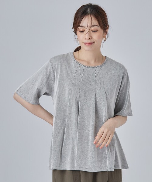 SHOO・LA・RUE（シューラルー）の「【洗濯機可/S-LL】インせずすっきり見え ストライプ柄タックトップス（Tシャツ/カットソー・レディース・ネイビー系2/ワイン系1/グレー系その他3・02/01/04/03）」の22枚目の写真
