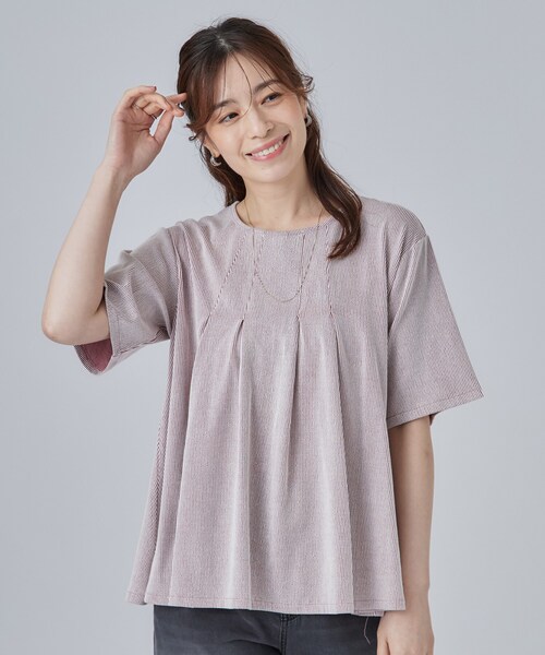 SHOO・LA・RUE（シューラルー）の「【洗濯機可/S-LL】インせずすっきり見え ストライプ柄タックトップス（Tシャツ/カットソー・レディース・ネイビー系2/ワイン系1/グレー系その他3・02/01/04/03）」の19枚目の写真