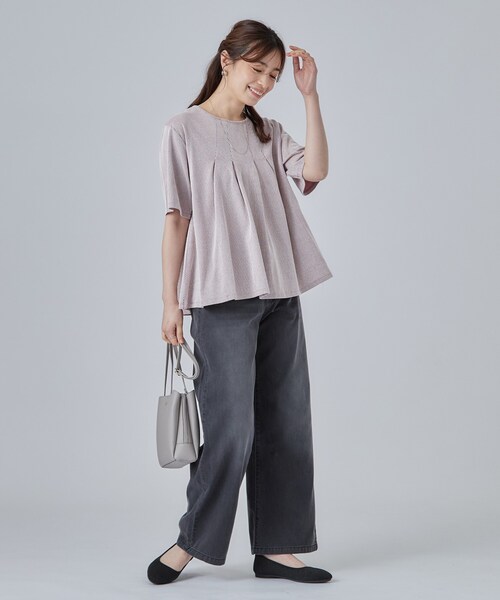 SHOO・LA・RUE（シューラルー）の「【洗濯機可/S-LL】インせずすっきり見え ストライプ柄タックトップス（Tシャツ/カットソー・レディース・ネイビー系2/ワイン系1/グレー系その他3・02/01/04/03）」の21枚目の写真