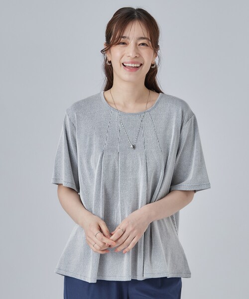 SHOO・LA・RUE（シューラルー）の「【洗濯機可/S-LL】インせずすっきり見え ストライプ柄タックトップス（Tシャツ/カットソー・レディース・ネイビー系2/ワイン系1/グレー系その他3・02/01/04/03）」の11枚目の写真