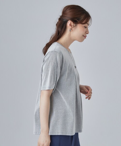 SHOO・LA・RUE（シューラルー）の「【洗濯機可/S-LL】インせずすっきり見え ストライプ柄タックトップス（Tシャツ/カットソー・レディース・ネイビー系2/ワイン系1/グレー系その他3・02/01/04/03）」の12枚目の写真