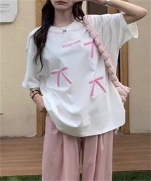 韓国ファッション 可愛いリボンプリント オーバーサイズ半袖Tシャツ