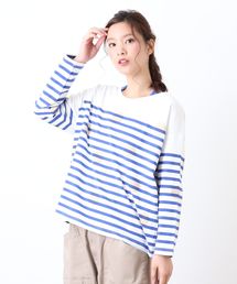 CUBE SUGAR | パネルボーダードットプリントボートネック (Tシャツ/カットソー)