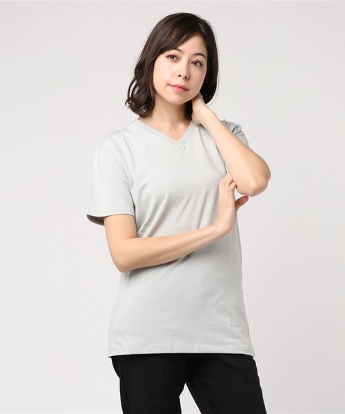 Bling Leads(ブリングリーズ)の「【Bl】コットンモダール半袖VネックTシャツ(Tシャツ/カットソー・レディース・ホワイト/ライトグレー/ブラック/ベージュ/カーキ/ピンク・MEDIUM/LARGE/X-LARGE)」の4枚目の写真