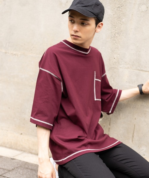 WEGO（ウィゴー）の「WEGO/ワークステッチビッグシルエット5分袖Tシャツ（Tシャツ/カットソー・メンズ・ブラック/ワイン/ブラウン/オートミール・MEDIUM/LARGE）」の4枚目の写真