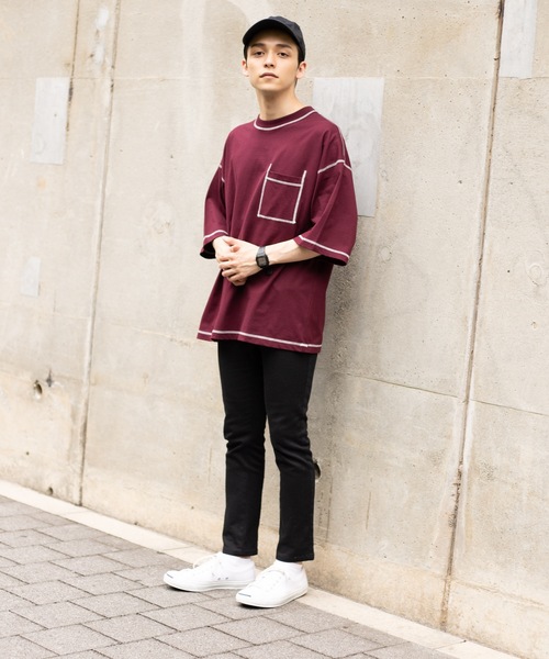 WEGO（ウィゴー）の「WEGO/ワークステッチビッグシルエット5分袖Tシャツ（Tシャツ/カットソー・メンズ・ブラック/ワイン/ブラウン/オートミール・MEDIUM/LARGE）」の22枚目の写真