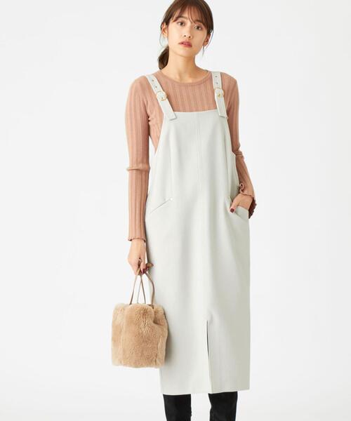 EMMEL REFINES（エメルリファインズ）の「FC PE/W STRC バックルジャンスカ / ジャンパースカート（ジャンパースカート・レディース・モカ/オフホワイト/ブラック・S/M）」の2枚目の写真