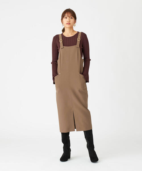 EMMEL REFINES（エメルリファインズ）の「FC PE/W STRC バックルジャンスカ / ジャンパースカート（ジャンパースカート・レディース・モカ/オフホワイト/ブラック・S/M）」の4枚目の写真