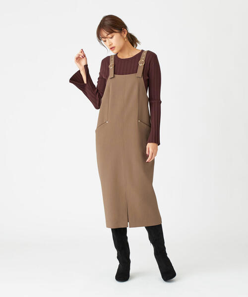 EMMEL REFINES（エメルリファインズ）の「FC PE/W STRC バックルジャンスカ / ジャンパースカート（ジャンパースカート・レディース・モカ/オフホワイト/ブラック・S/M）」の5枚目の写真