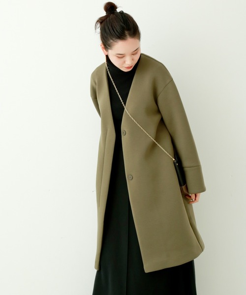 n'ee-ne（ネーネ）の「ダイバー素材　ノーカラーコート（ノーカラーコート・レディース・ブラック/グレイッシュベージュ/カーキ/グレー/ネイビー/ベージュ・M/L）」の6枚目の写真