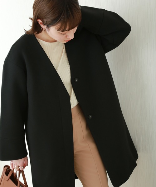n'ee-ne（ネーネ）の「ダイバー素材　ノーカラーコート（ノーカラーコート・レディース・ブラック/グレイッシュベージュ/カーキ/グレー/ネイビー/ベージュ・M/L）」の2枚目の写真