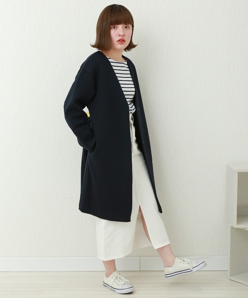 n'ee-ne（ネーネ）の「ダイバー素材　ノーカラーコート（ノーカラーコート・レディース・ブラック/グレイッシュベージュ/カーキ/グレー/ネイビー/ベージュ・M/L）」の8枚目の写真