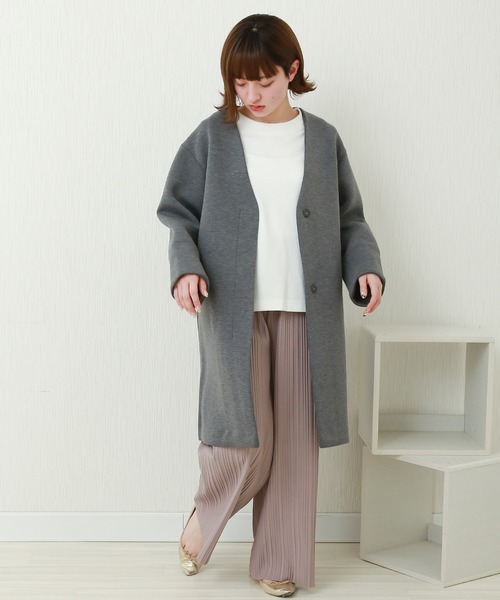 n'ee-ne（ネーネ）の「ダイバー素材　ノーカラーコート（ノーカラーコート・レディース・ブラック/グレイッシュベージュ/カーキ/グレー/ネイビー/ベージュ・M/L）」の10枚目の写真