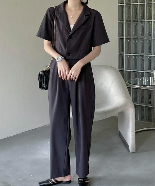 半袖ショートサマージャケット＋タック入りワイドパンツセットアップ