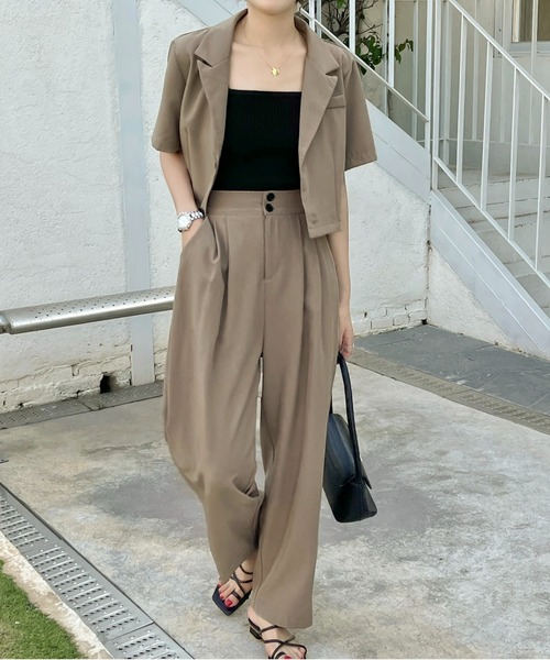 セール】半袖ショートサマージャケット＋タック入りワイドパンツ