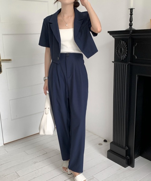 セール】半袖ショートサマージャケット＋タック入りワイドパンツ