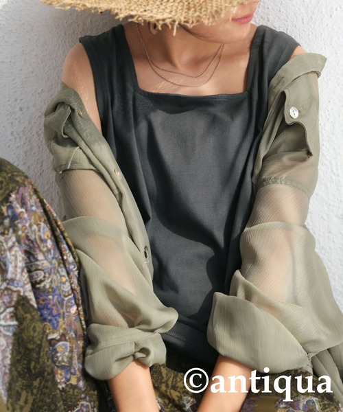 antiqua（アンティカ）の「コットン100%スクエアネックタンク（タンクトップ・レディース・アッシュグレー/ブラック/オフホワイト/カーキ/ベージュ系その他/オートミール/マスタード/ライトパープル/オレンジ/ダークグリーン・FREE）」の4枚目の写真