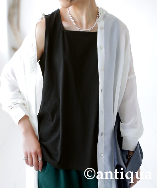 antiqua（アンティカ）の「コットン100%スクエアネックタンク（タンクトップ・レディース・アッシュグレー/ブラック/オフホワイト/カーキ/ベージュ系その他/オートミール/マスタード/ライトパープル/オレンジ/ダークグリーン・FREE）」の3枚目の写真