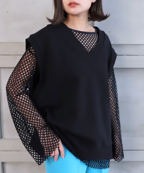 moment+（モーメントプラス）の「ストライプメッシュ袖取り外しプルオーバー（Tシャツ/カットソー・レディース・ライトグリーン/ブルー/オフホワイト/ブラック/ナチュラル・FREE）」の18枚目の写真