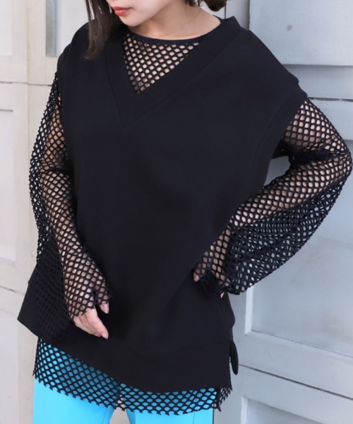 moment+（モーメントプラス）の「ストライプメッシュ袖取り外しプルオーバー（Tシャツ/カットソー・レディース・ライトグリーン/ブルー/オフホワイト/ブラック/ナチュラル・FREE）」の20枚目の写真