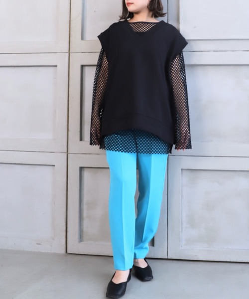 moment+（モーメントプラス）の「ストライプメッシュ袖取り外しプルオーバー（Tシャツ/カットソー・レディース・ライトグリーン/ブルー/オフホワイト/ブラック/ナチュラル・FREE）」の21枚目の写真