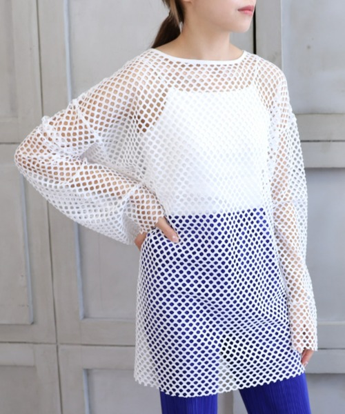 moment+（モーメントプラス）の「ストライプメッシュ袖取り外しプルオーバー（Tシャツ/カットソー・レディース・ライトグリーン/ブルー/オフホワイト/ブラック/ナチュラル・FREE）」の6枚目の写真