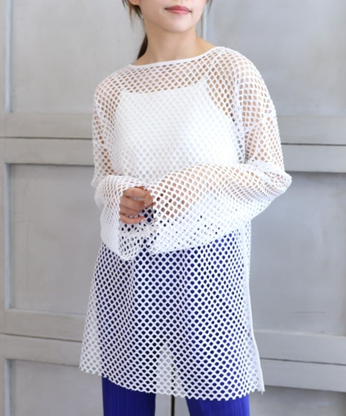 moment+（モーメントプラス）の「ストライプメッシュ袖取り外しプルオーバー（Tシャツ/カットソー・レディース・ライトグリーン/ブルー/オフホワイト/ブラック/ナチュラル・FREE）」の7枚目の写真