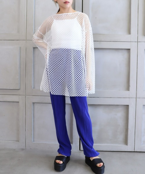 moment+（モーメントプラス）の「ストライプメッシュ袖取り外しプルオーバー（Tシャツ/カットソー・レディース・ライトグリーン/ブルー/オフホワイト/ブラック/ナチュラル・FREE）」の11枚目の写真