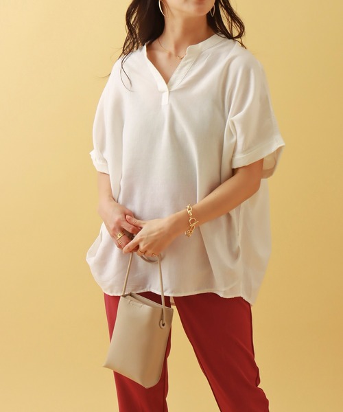 libelle more（リベル モア）の「フレンチリネン無地バンドカラーブラウス（シャツ/ブラウス・レディース・ブラック/オフホワイト/カーキ/オレンジ/キャメル/レモンイエロー・M/L）」の2枚目の写真