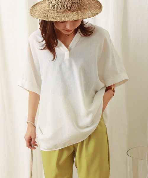 libelle more（リベル モア）の「フレンチリネン無地バンドカラーブラウス（シャツ/ブラウス・レディース・ブラック/オフホワイト/カーキ/オレンジ/キャメル/レモンイエロー・M/L）」の10枚目の写真