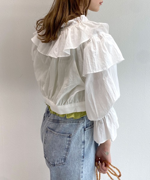 w closet（ダブルクローゼット）の「フリルショート丈ブラウス（シャツ/ブラウス・レディース・キナリ/スミクロ/ミント/オフホワイト・FREE）」の8枚目の写真